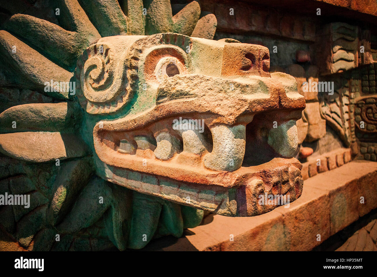 Replica, `Piramide de la serpiente emplumada´, Pyramid of the Feathered Serpent, or snake,from Teotihuacan, National Museum Anthropology. Mexico City. Stock Photo